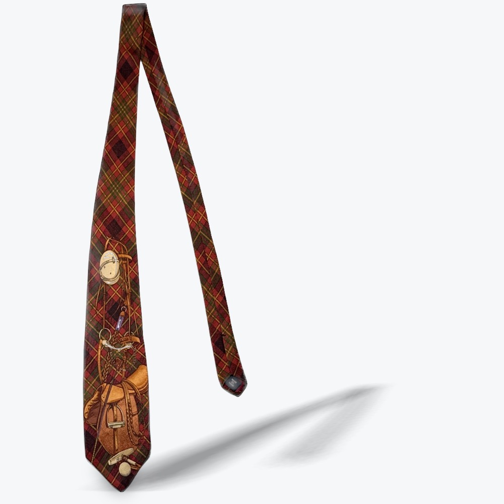Vtg Polo Ralph Lauren Necktie Equestrian Saddle Rare 3D Design Plaid Handmade